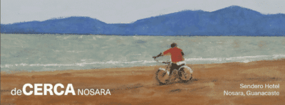 Poster of somebody riding a bike on the beach, promoting Gerardo Ramírez at Sendero Hotel in Nosara.